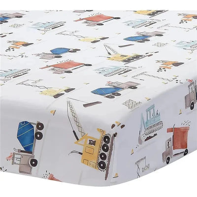 Fitted crib sheet featuring colorful construction vehicles like trucks, cranes, and dumpers on a white background.