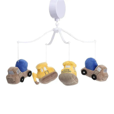Construction Zone Musical Baby Crib Mobile with plush trucks and construction vehicles in yellow and brown, designed for soothing babies.