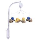 Construction Zone Musical Baby Crib Mobile features plush toy vehicles in yellow and blue, designed to soothe babies.