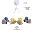 Construction-themed musical crib mobile featuring plush trucks in velour with embroidery details, rotates and plays lullabies.
