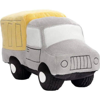 Plush gray and yellow truck toy from Lambs & Ivy, designed for children, featuring soft fabric and simple detailing.