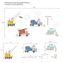Construction Zone wall decals featuring 16 individual stickable vehicles like a crane, dump truck, and bulldozer.