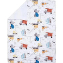 Cozy fleece baby blanket featuring colorful construction trucks and equipment on a white background.
