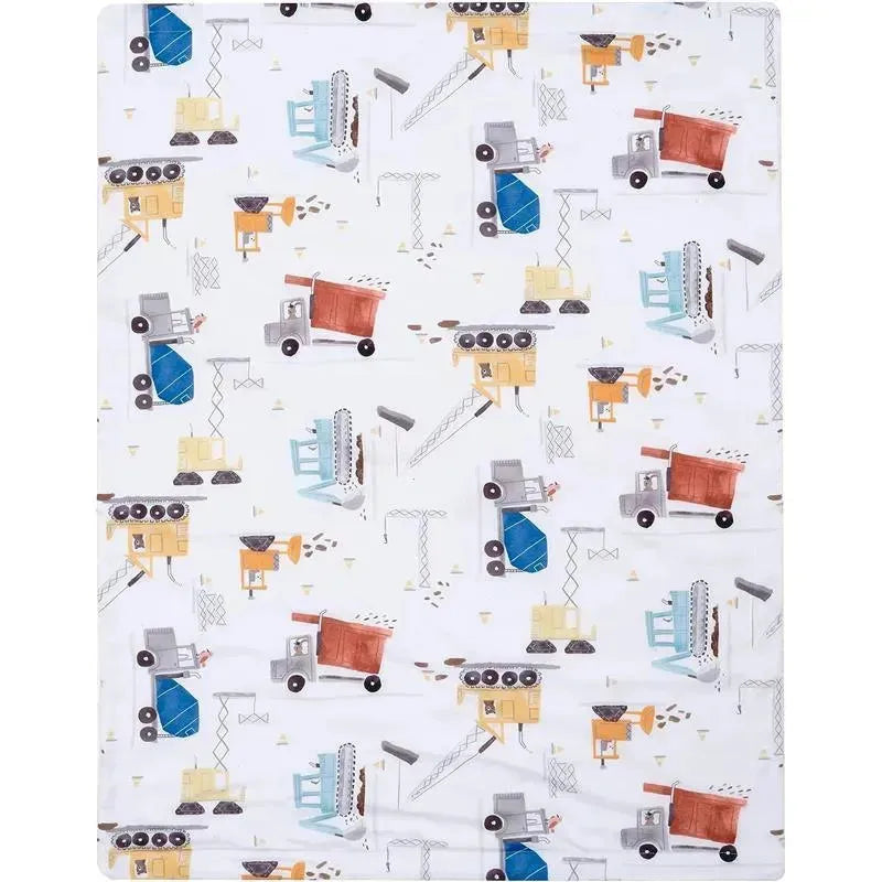 Cozy fleece baby blanket featuring an all-over construction zone theme with colorful trucks and machinery on a white background.