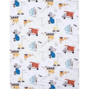 Cozy fleece baby blanket featuring an all-over construction zone theme with colorful trucks and machinery on a white background.