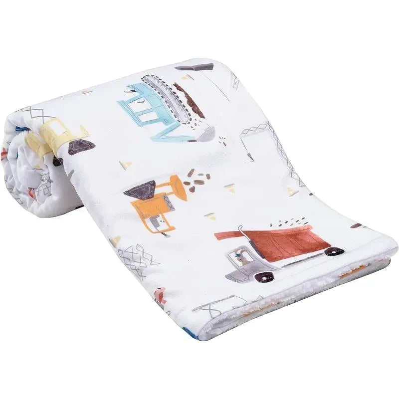 Cozy fleece baby blanket featuring playful construction trucks and machinery on a white background.