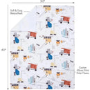 Cozy fleece baby blanket featuring a construction zone design with trucks, machines, and a soft sherpa back.