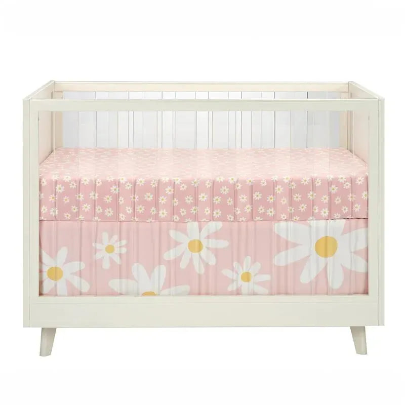 Daisy Dreams fitted crib sheet by Lambs & Ivy features a pink background with white daisies and yellow centers.