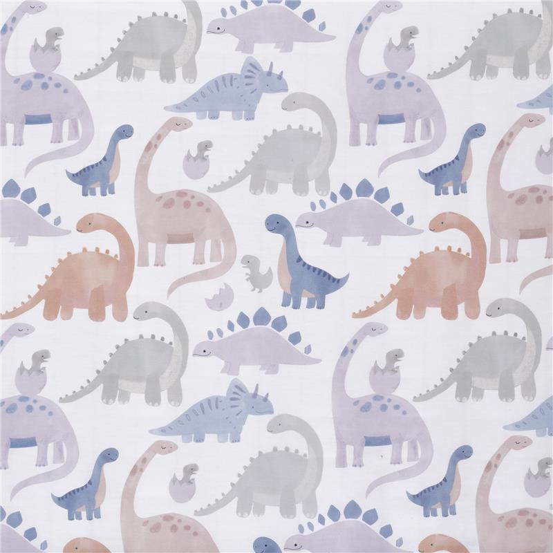 Fitted crib sheet featuring a playful dinosaur pattern in soft pastel colors, suitable for babies and toddlers.