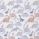 Fitted crib sheet featuring a playful dinosaur pattern in soft pastel colors, suitable for babies and toddlers.