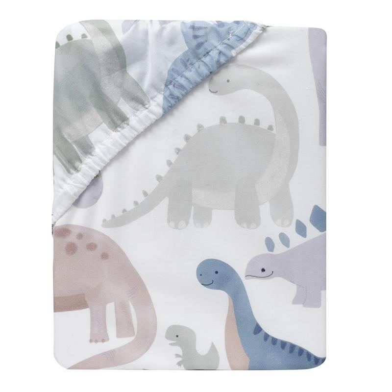 100% cotton fitted crib sheet featuring playful dinosaur illustrations in soft pastel colors.