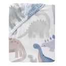 100% cotton fitted crib sheet featuring playful dinosaur illustrations in soft pastel colors.