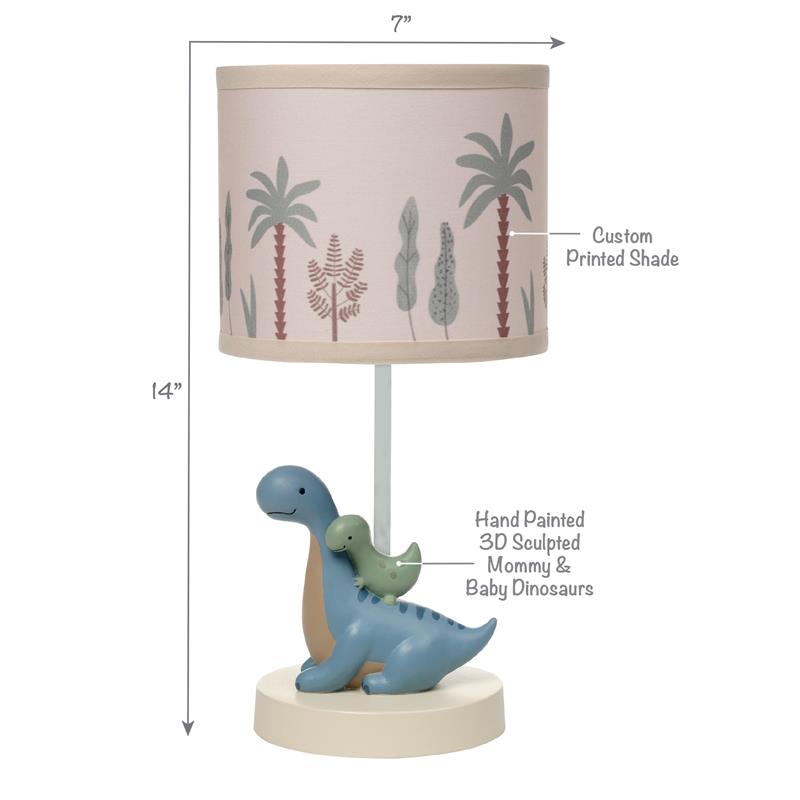 3D dinosaur nursery lamp featuring a hand-painted blue mommy dinosaur and a baby dinosaur, with a custom printed shade.