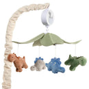 Musical mobile featuring plush dinosaur toys in brown, blue, green, and gray, spins under a leafy canopy for 20 minutes.