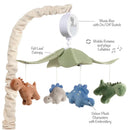 Musical mobile featuring plush dinosaur characters, felt leaf canopy, and a music box that plays lullabies.