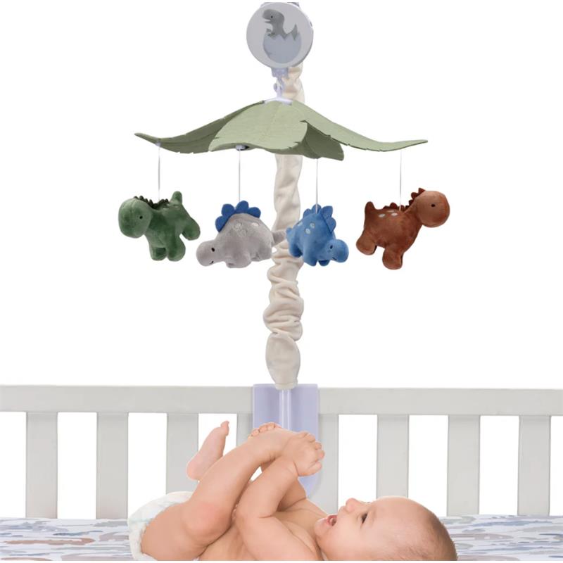Musical mobile featuring plush dinosaurs in green, gray, blue, and brown, designed for a crib to entertain infants.