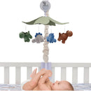 Musical mobile featuring plush dinosaurs in green, gray, blue, and brown, designed for a crib to entertain infants.