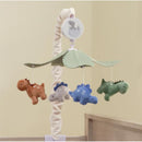 Dino Might musical mobile featuring plush dinosaurs in brown, gray, blue, and green hanging from a leaf canopy. Plays 20 minutes of music.