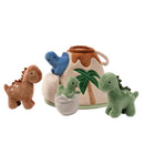 Plush dinosaur play set featuring a volcano toy with a palm tree, includes four soft dinosaur figures in various colors.