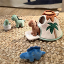 Interactive plush dinosaur set featuring a volcano, three colorful dinosaurs, and a basket.