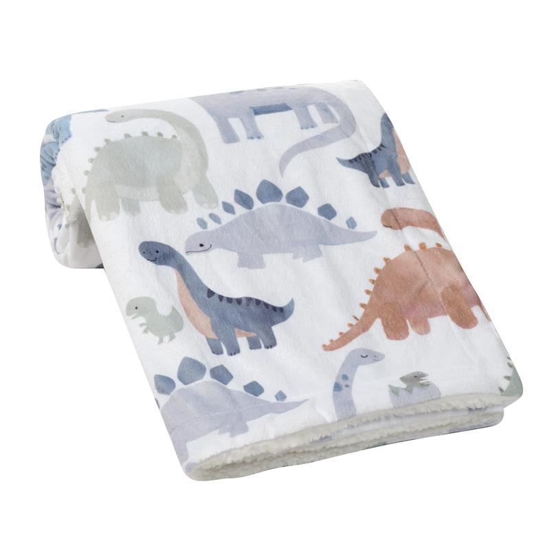 Ultra-soft fleece baby blanket featuring watercolor dinosaurs in various pastel colors. Ideal for infant use.