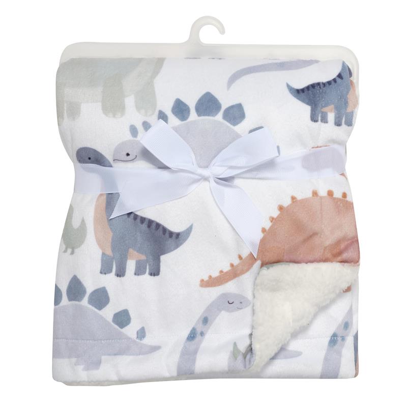 Ultra-soft fleece baby blanket featuring a watercolor dinosaur print, tied with a white ribbon for a cute presentation.
