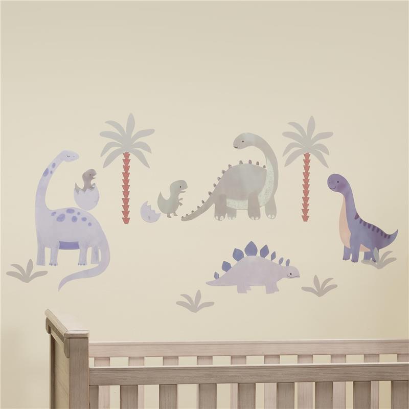 Colorful dinosaur wall decals featuring a variety of dinosaurs and palm trees, designed for nursery decor.