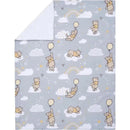 Gray baby blanket featuring cartoon Winnie the Pooh characters playing with balloons among clouds and rainbows.