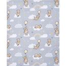 Gray baby blanket featuring playful illustrations of Winnie the Pooh holding balloons among clouds and rainbows.