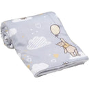 Gray soft sherpa baby blanket featuring Winnie the Pooh holding a balloon, with a cloud and heart pattern.