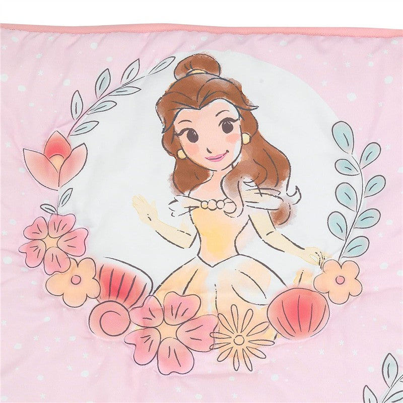 Disney Princess Belle illustration surrounded by flowers on a pink background from a Lambs & Ivy crib bedding set.