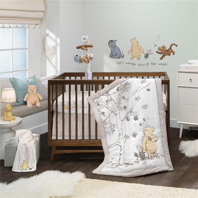 Disney Storytime Pooh 3-piece crib bedding set featuring a quilt with Pooh holding a honey pot, crib, and nursery decor.