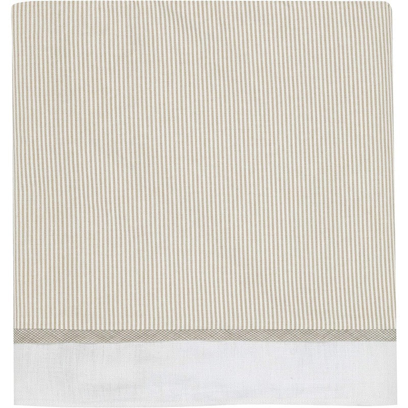 Three-piece crib bedding set featuring subtle beige stripes with a white border, designed for infants.