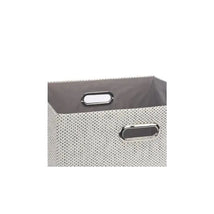 Foldable gray storage bin with two metal handles, featuring a textured exterior and a smooth interior.