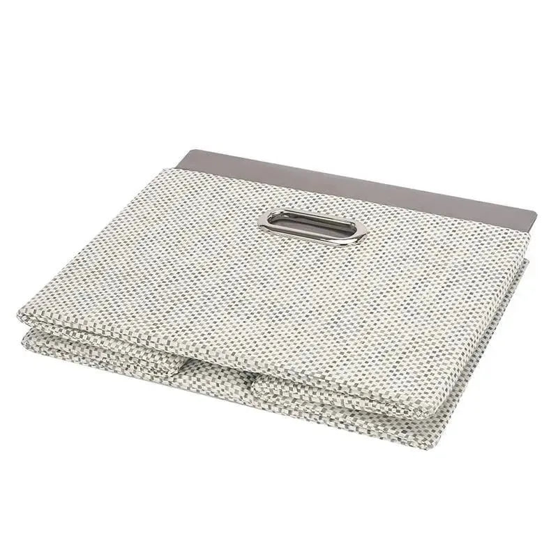 Foldable gray storage box with a textured surface and handle, designed for organizing items efficiently.