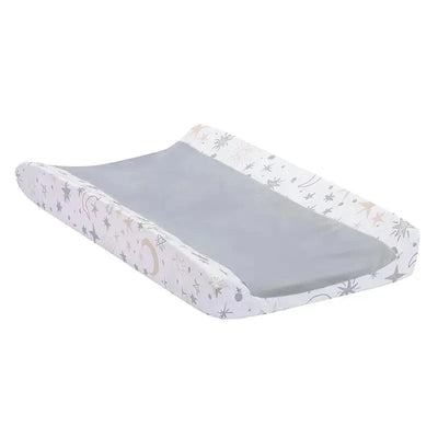 Changing pad cover featuring a gray center and borders decorated with stars and moons in soft colors.