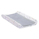 Changing pad cover featuring a gray center and borders decorated with stars and moons in soft colors.