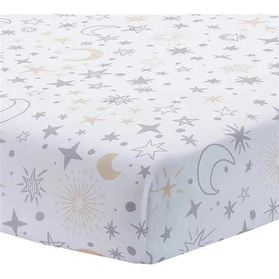 Fitted crib sheet featuring a whimsical moon and stars design in soft pastel colors.