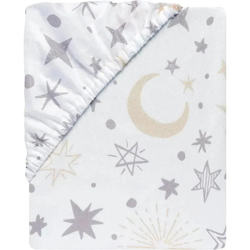 Fitted crib sheet featuring a moon and stars design in soft gray and beige tones, suitable for nursery use.