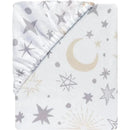 Fitted crib sheet featuring a moon and stars design in soft gray and beige tones, suitable for nursery use.