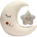 Plush moon toy with a sleeping face and a small hanging star. Soft fabric, light colors, suitable for nursery decor.