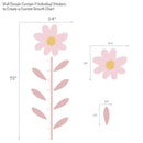 Growth chart wall decals featuring flower designs, measuring 72 inches tall, with size dimensions for individual stickers.
