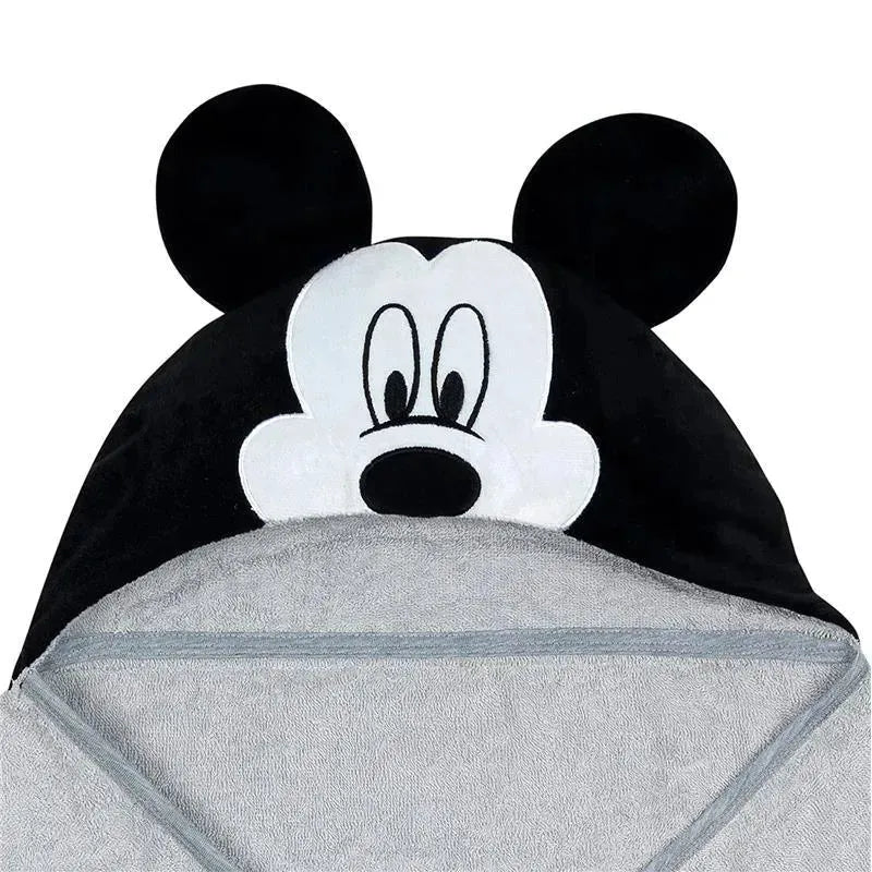 Hooded baby bath towel featuring a Mickey Mouse head design with black ears and a gray towel body.
