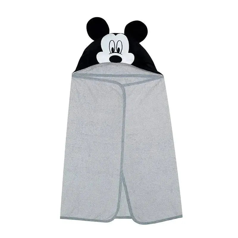 Hooded baby bath towel featuring Mickey Mouse design, with gray fabric and black mouse ears at the top.