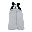 Hooded baby bath towel featuring Mickey Mouse design, with gray fabric and black mouse ears at the top.