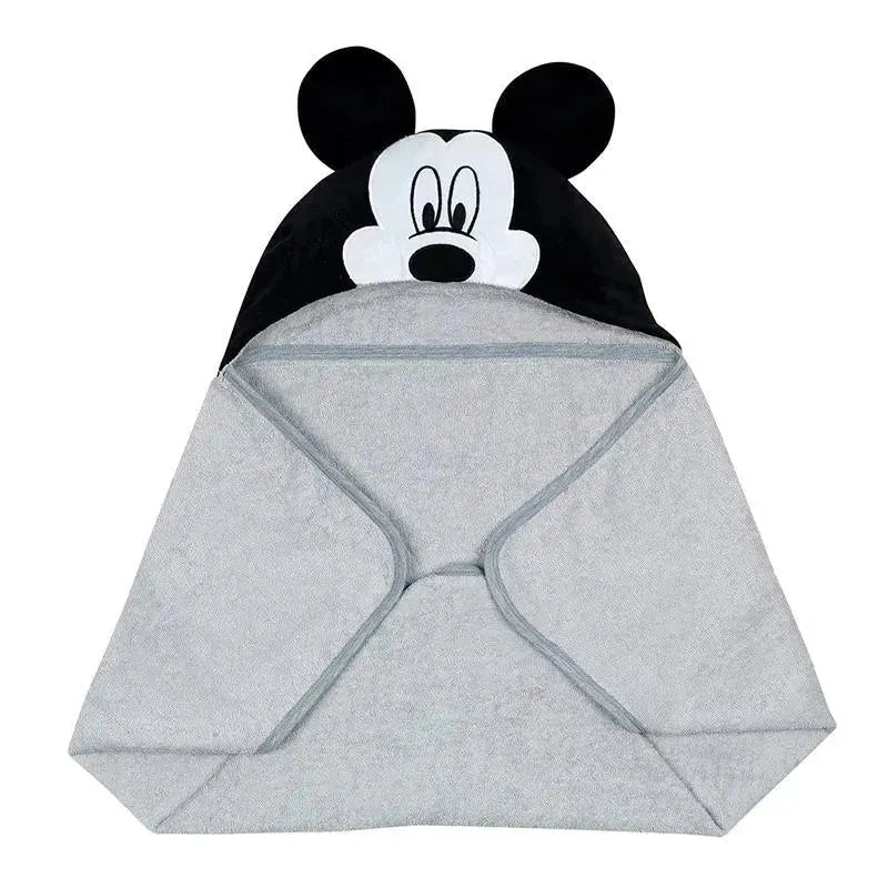 Hooded baby bath towel featuring Mickey Mouse design with black ears and gray towel material.