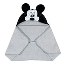 Hooded baby bath towel featuring Mickey Mouse design with black ears and gray towel material.