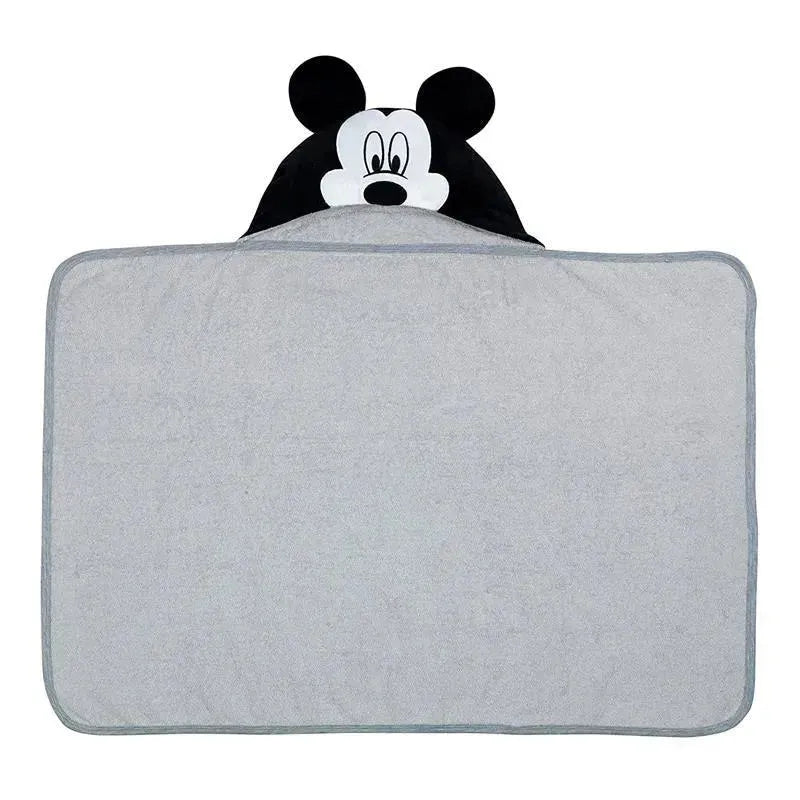 Hooded baby bath towel featuring a Mickey Mouse design, soft gray fabric, and black and white head detail.