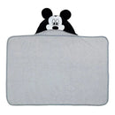 Hooded baby bath towel featuring a Mickey Mouse design, soft gray fabric, and black and white head detail.