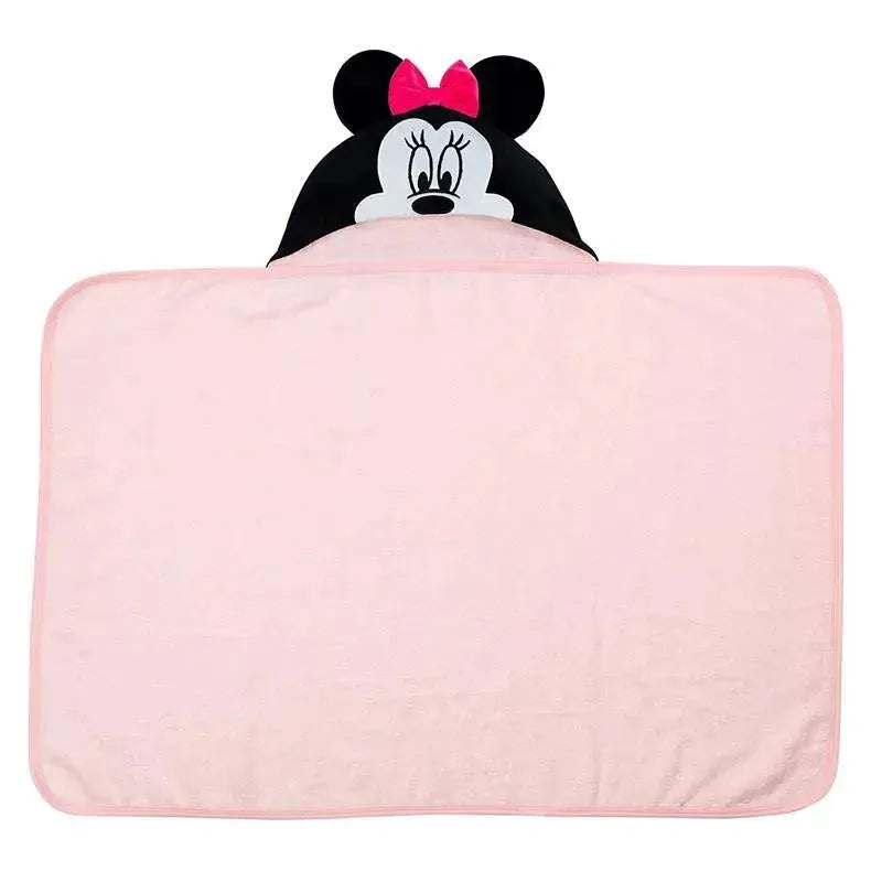 Hooded baby bath towel featuring Minnie Mouse with a black and pink design, soft pink towel body.